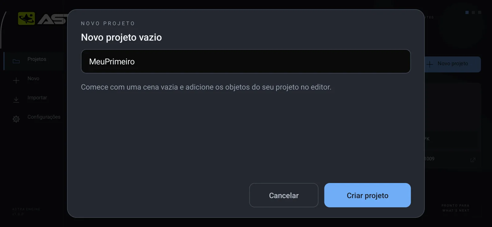 Folha Novo projeto vazio com o campo de nome