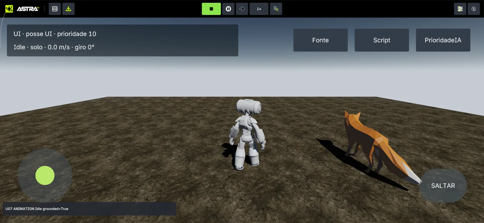 U07 em Play com o personagem, a raposa, o joystick e os botões
